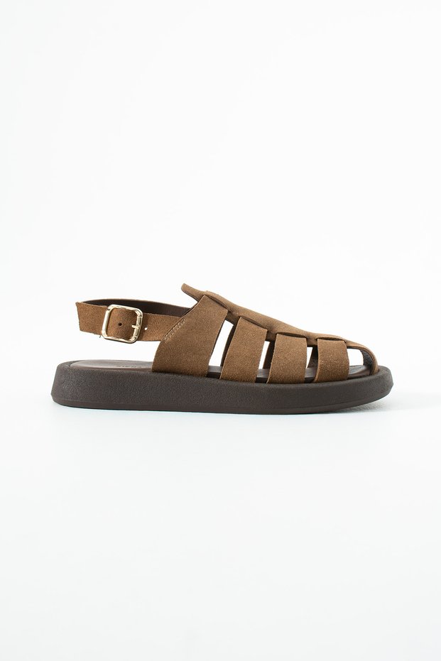 Kaiser Women's Gold Buckle Light Sole Genuine Leather Sandals Tan Suede
