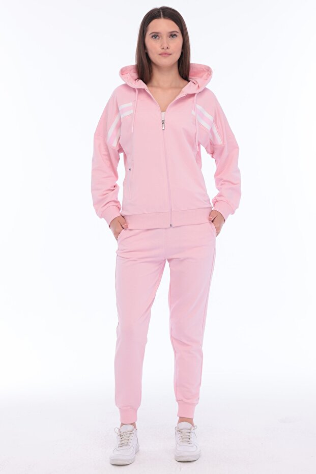 Women's Cotton Hooded Stripe Detailed Tracksuit Set Pink -8521