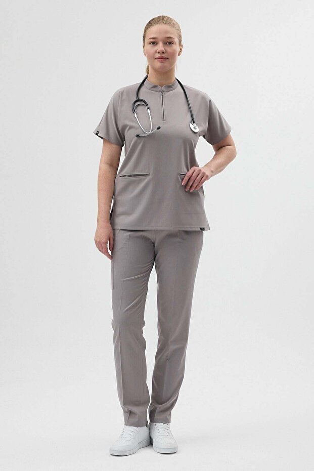 Lycra Smoke Gray Zipper Detailed Scrubs