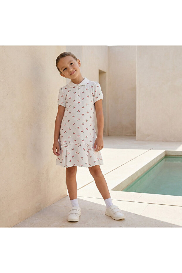 Collared Short Sleeves Drop Waist Dress with Cherry Print