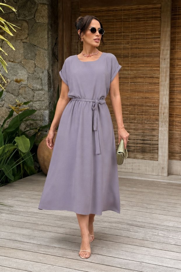 Women's Gray Elastic Waist Tie Dress Arm-26Y001122