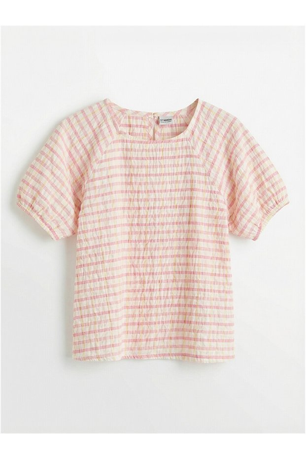 Trendlucky Square Collar Plaid Girls' Blouse with Difference in Color