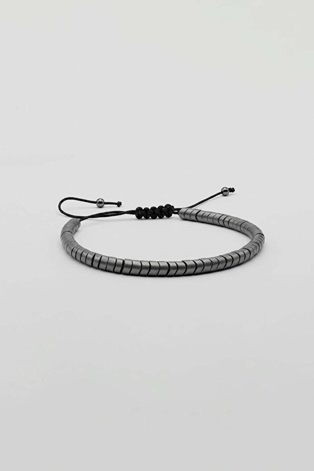 Unisex Hematite Disk Stone Detailed Thin Bracelet Smoked