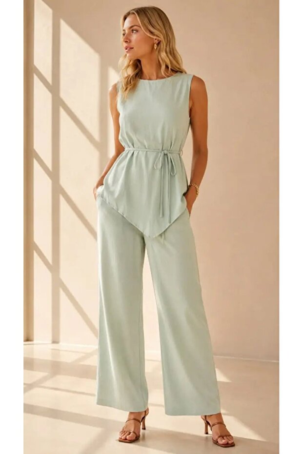 Women's Thick Strap Asymmetrical Long Blouse Trousers Crinkle Fabric Two-Piece Set 26083