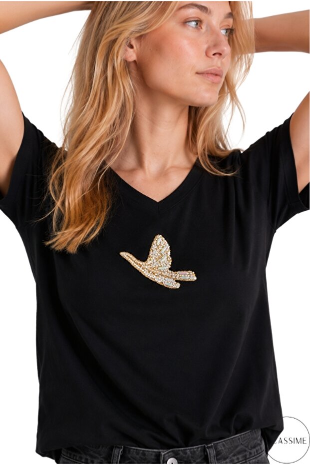 Black V-Neck Basic T-Shirt with Bird Stone Print Detail