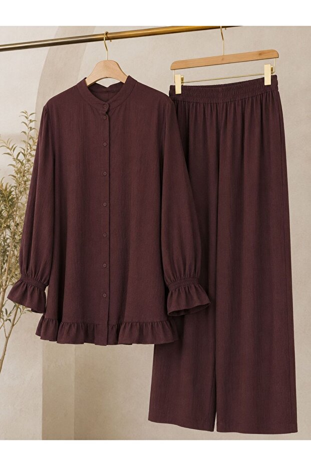 Women's Strawberry Fabric Stand Collar Buttoned Ruffle Detailed Hijab Tunic Pants Double Set