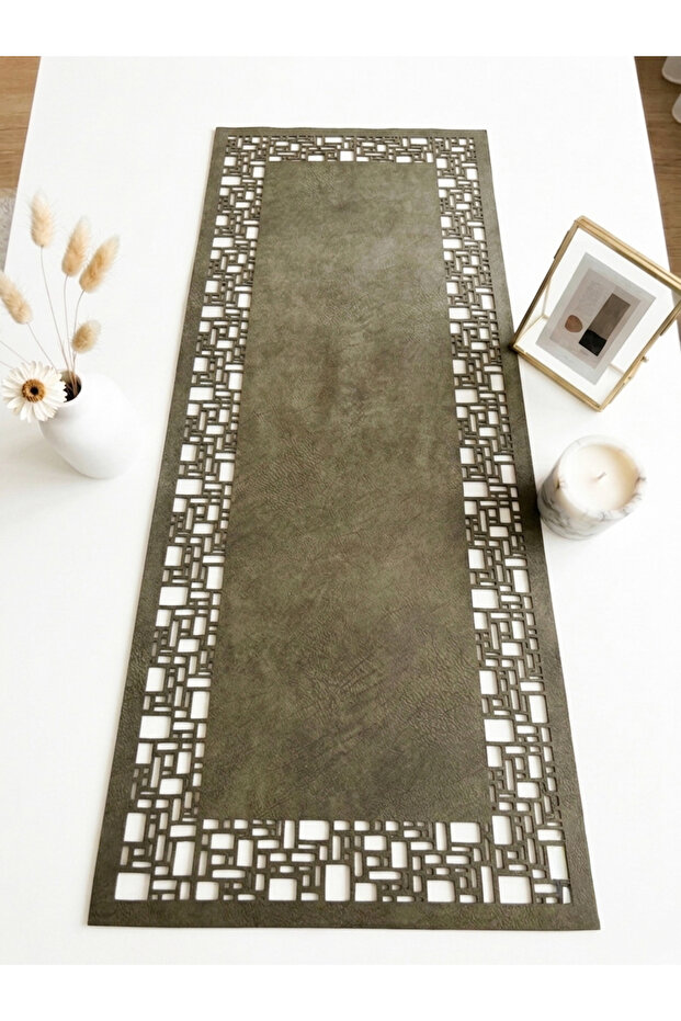 Green Suede Fabric Runner 40X100 cm Coffee Table Size - Geometric Quadrilateral Pattern
