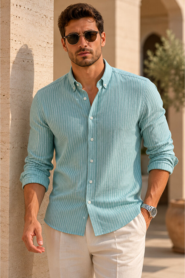 Men's Mint Green Striped Linen Shirt Regular Fit