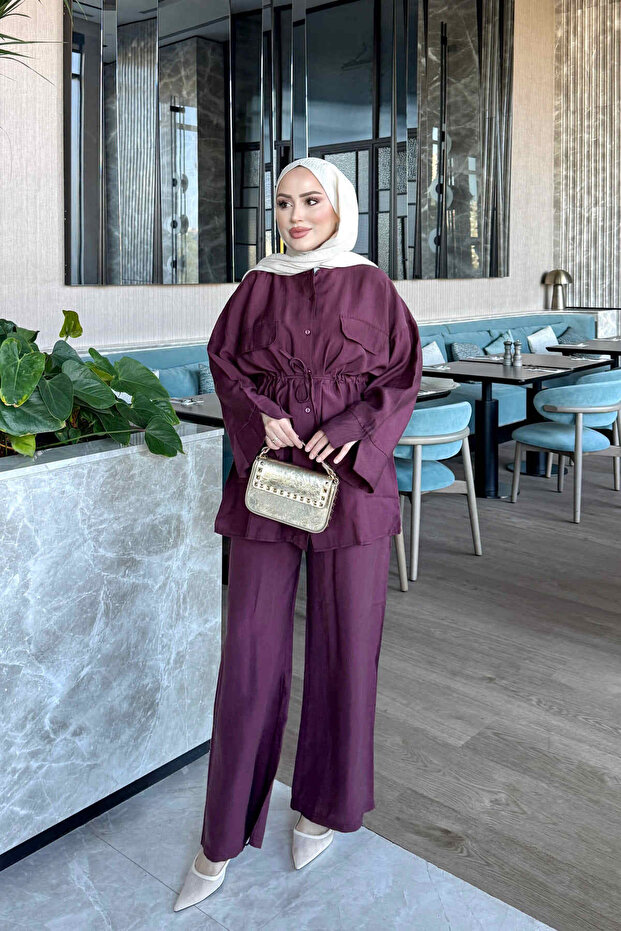 Mürdüm Bel Tie-Detail Tunic Trouser Set