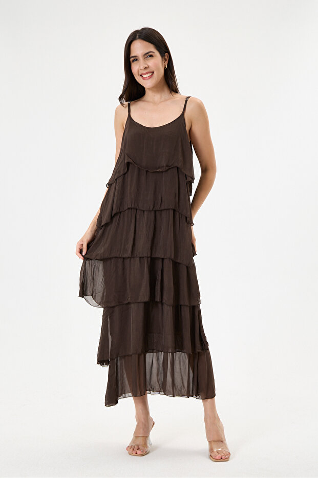 Brown Italian Layered Adjustable Strap Lined Long Silk Dress 38 - 44 Size
