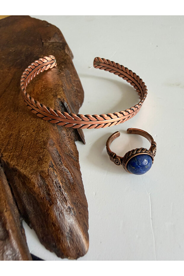 Natural lapis lazuli 100% pure copper bracelet & ring set - adjustable authentic ring and bracelet