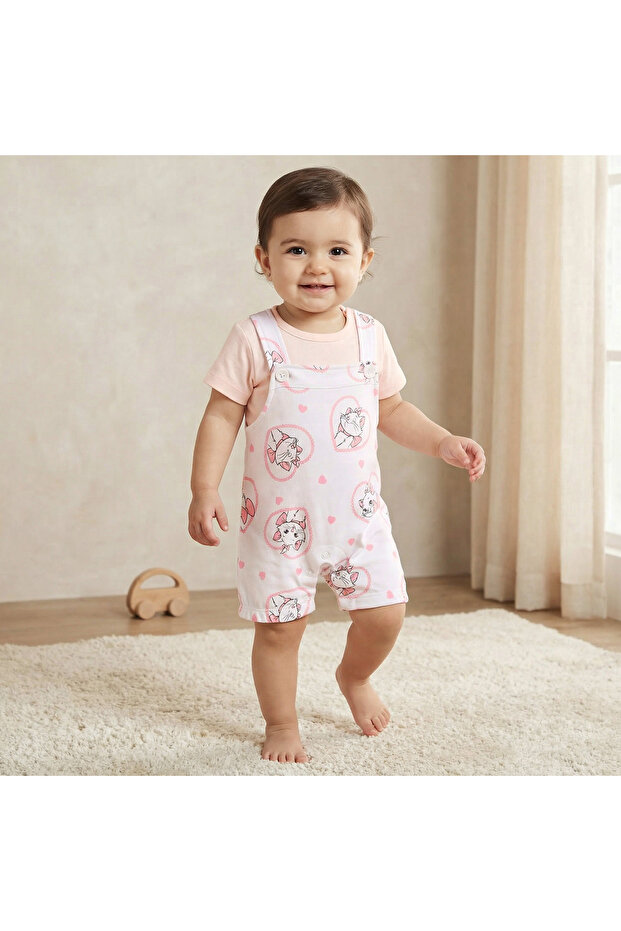 Round Neck Short Sleeves T-shirt and Dungaree Set with Marie Print