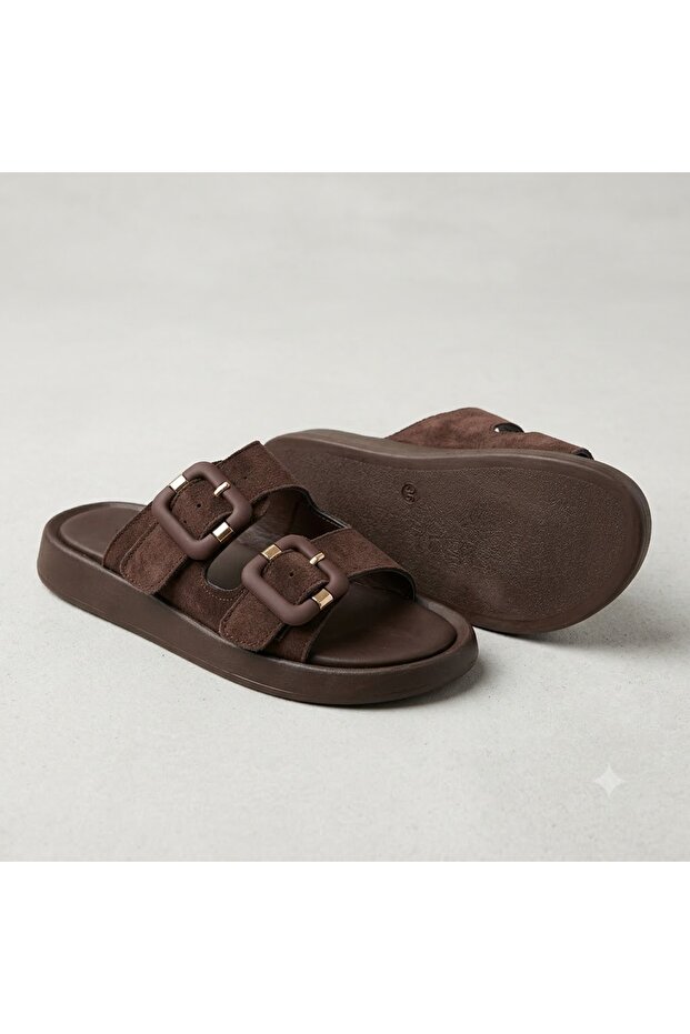 (Park Moda) Double Buckle Comfortable Daily Women's Slippers Brown