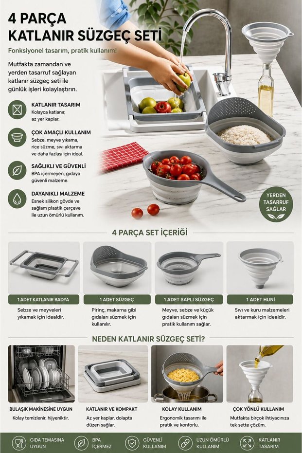 Folding Strainer Set 4 Piece Kitchen Set Accordion Rice Strainer Funnel Badya Dowry Set (Special Color)