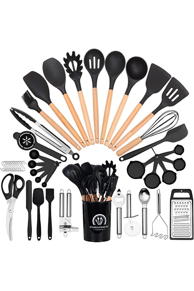 Kitchen Cooking Utensils Set, 46 pcs Non-Stick Silicone Spatula Set with Holder (Black)