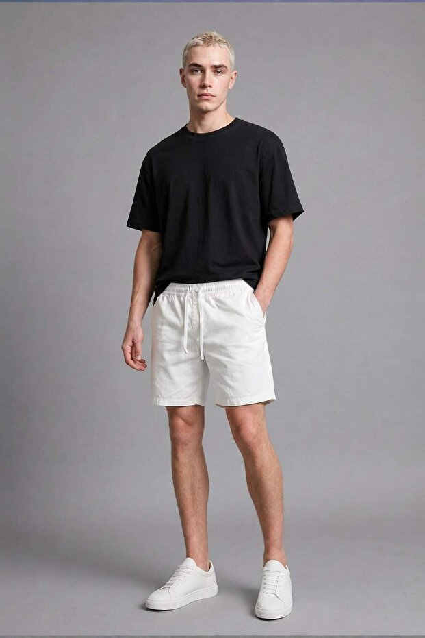 Baggy Fit Elastic Waist Ecru Bermuda Shorts H7389Ax26Hs