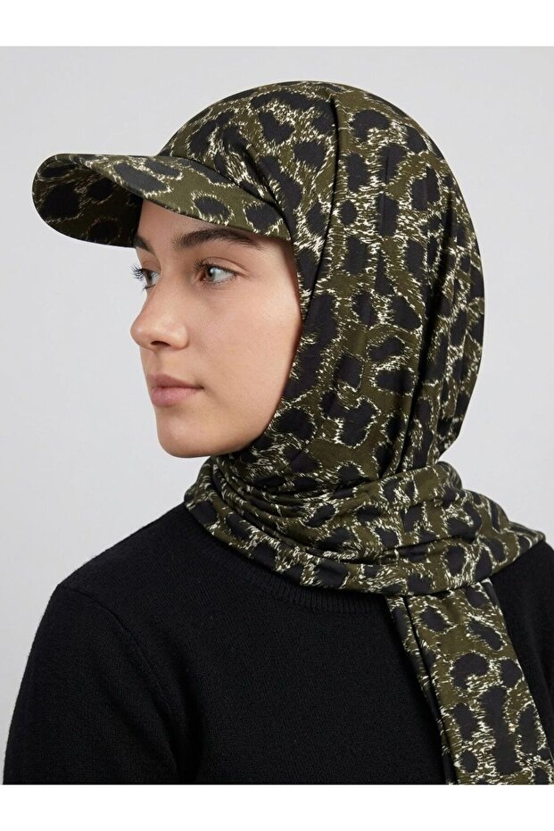 Ready-Made Shawl with Hat - Leopard Pattern - Pool and Sea Cap That Can Be Used over the Hijab - Flexible Fabric