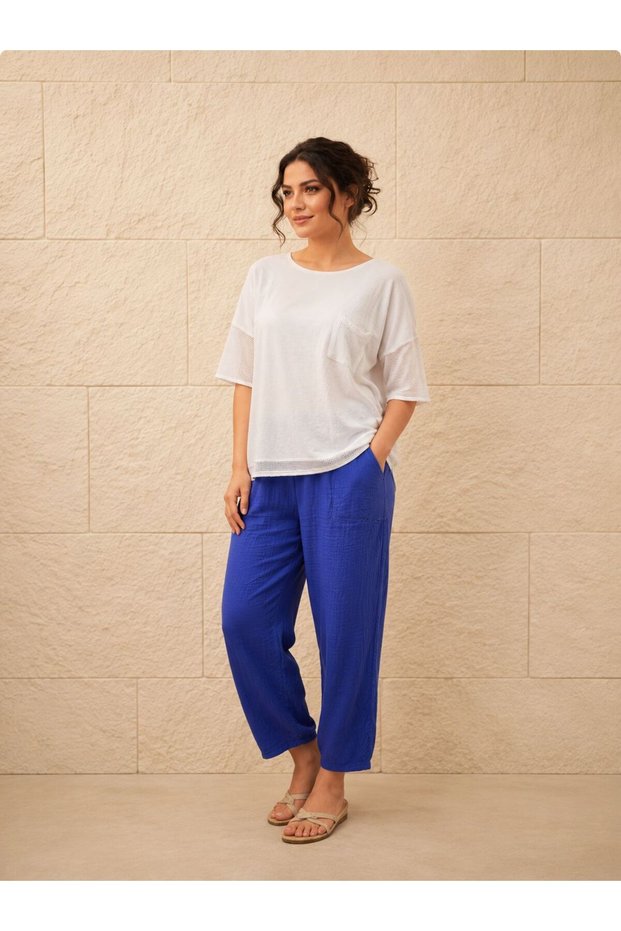 Women's Linen Cotton Fabric Mesh Pocket Trukavar Sleeve Blouse and Mesh Detailed Tasseled Trousers 2-Piece Combination with Surprise Bracelet Gift