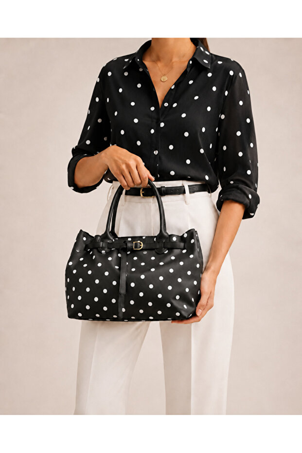 Zeti̇a Model Women's Leather Black Polka Dot Hand and Shoulder Bag