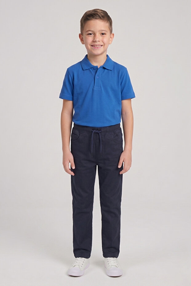 Boy's Cobalt Blue Short Sleeve Polo Collar T-Shirt Navy Blue Ribbed Waist Canvas School Pants Bottom Top School Outfit