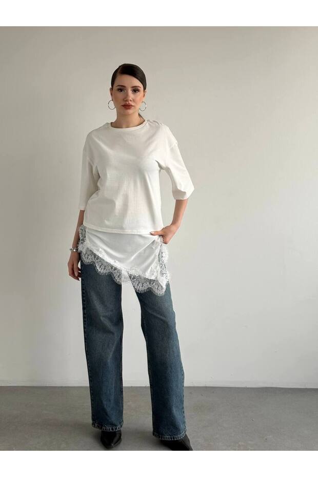Women's Lace Detailed Asymmetrical Tunic Blouse