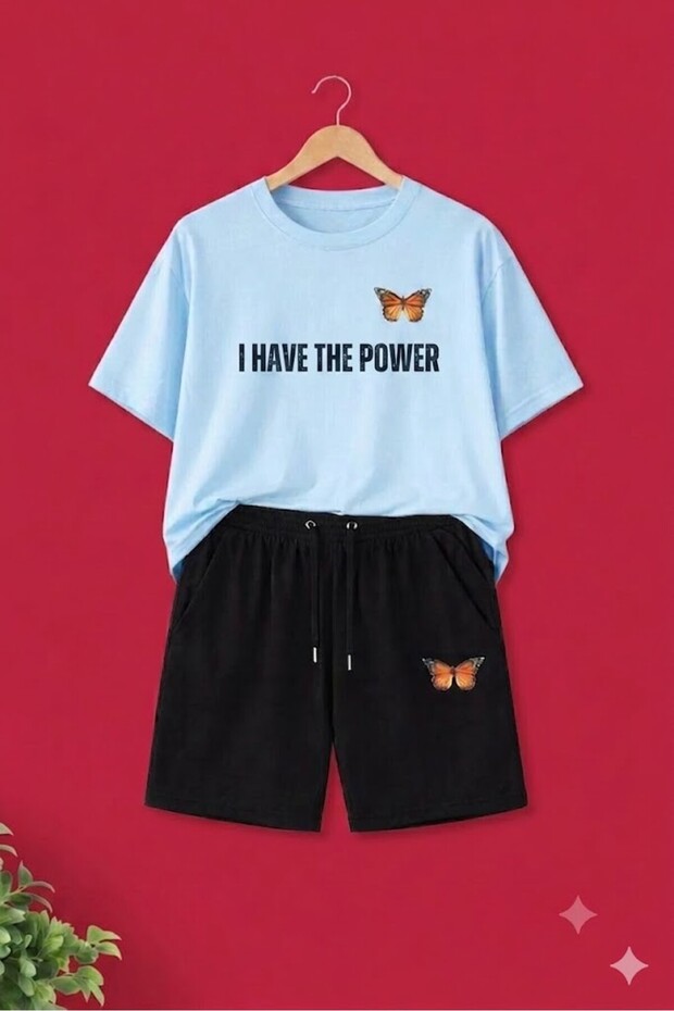 Women's Power Bende-Orange Butterfly Printed Short Sleeve T-Shirt Shorts Set