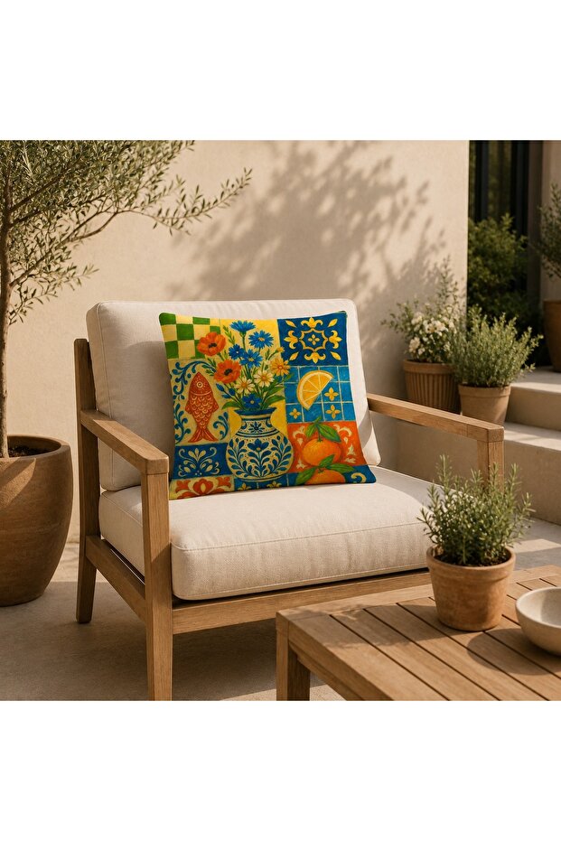 Mediterranean Tile Patterned Decorative Throw Pillow Cover 43X43 cm Bohemian Blue Orange Pillowcase