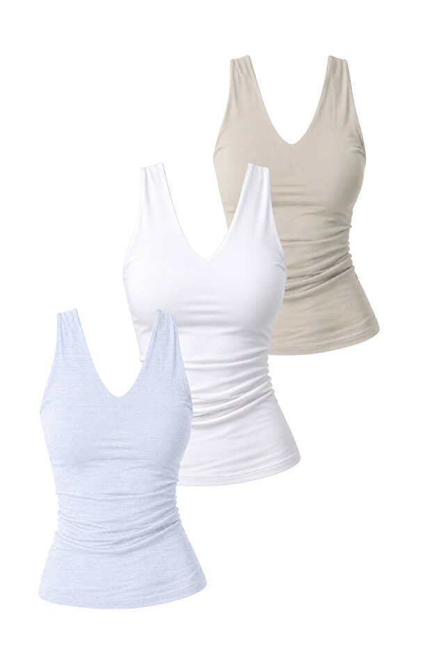 Women's Double Layer Lycra Undershirt Triple Set (95% Cotton) (Stone Color, White, Gray Melange)