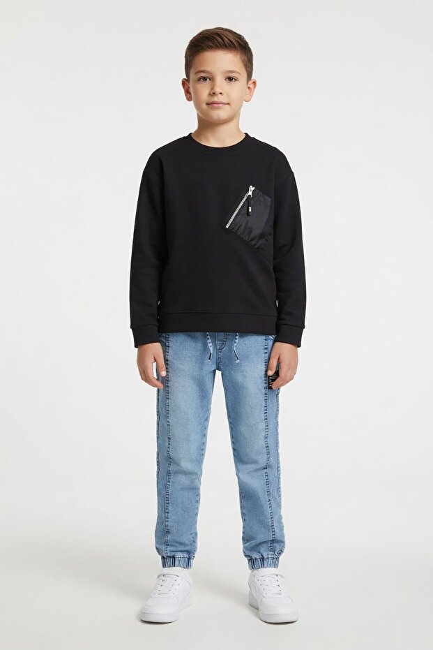 Black Boys' Top and Bottom Set with Chest Pocket and Pants 24578