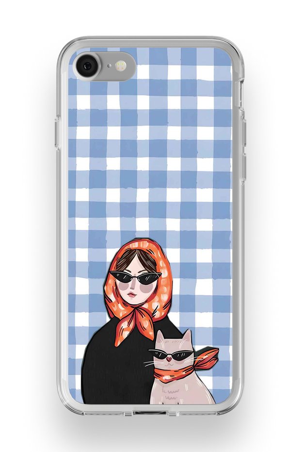 iPhone 7 / 8 Compatible Transparent Phone Case with Shawl, Women and Cat Pattern
