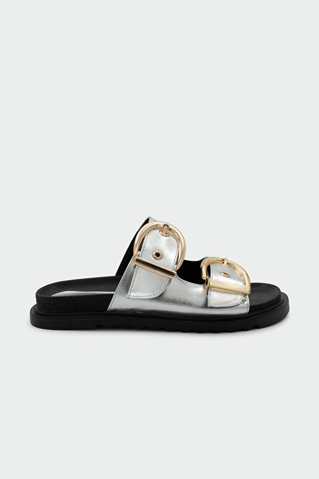 Holix Gold Buckle Detailed Silver Slippers