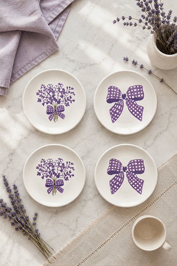 Lila Gift 4-Piece Handmade Ceramic Dessert Plate 16 cm Lilac Flower Patterned Cake Breakfast Presentation Plate Set