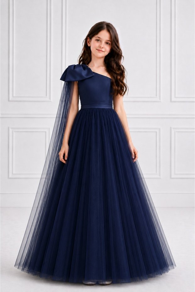 Girl's Navy Blue One-Shoulder Bow Detailed Puffy Tulle Princess Dress