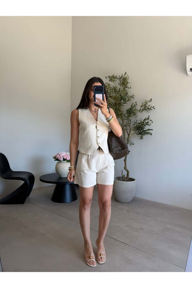 Cream Belted Linen Shorts Set