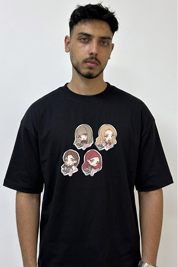 Blackpink Chibi Design Printed Oversize Black T-Shirt