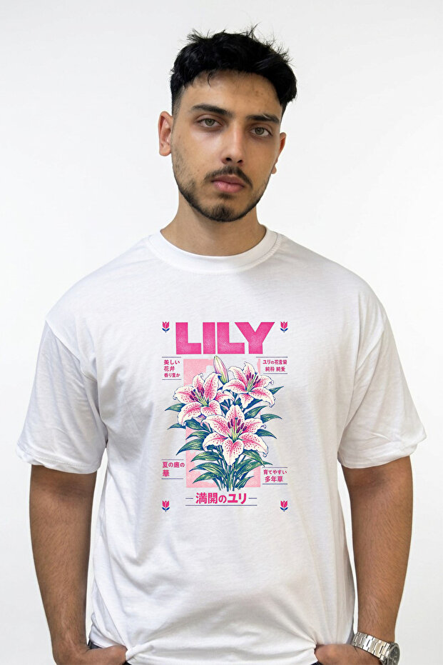 Lily Design Printed Oversize White T-Shirt