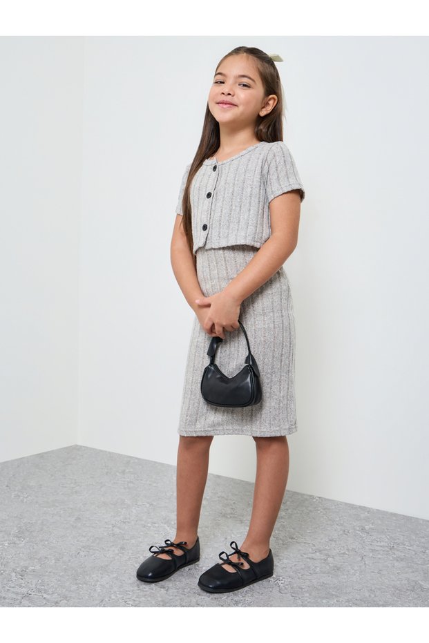 Girls Ribbed Strappy Dress and Cardigan Set