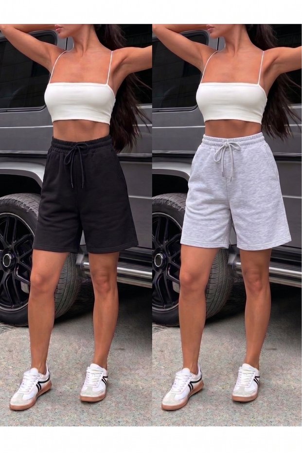 2-Piece Shorts for Women (Black-Grey) Basic Summer Shorts Set - Comfortable Fit Above the Knee Summer Product Anti-Sweat