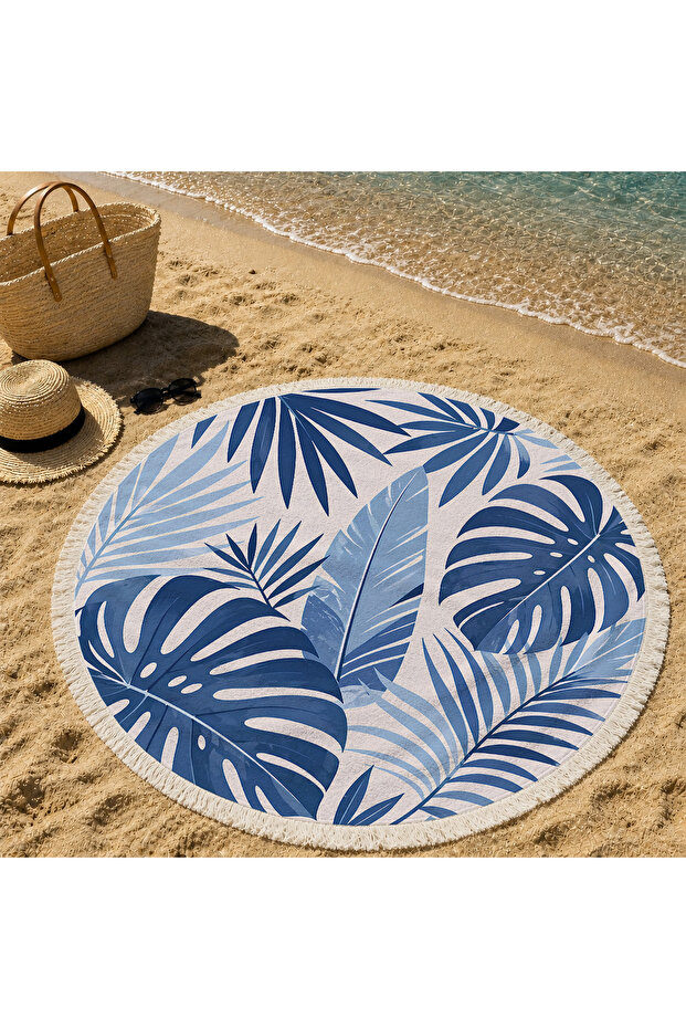Round Beach Towel 150 cm Blue Tropical Leaf Pattern Printed Beach Towel