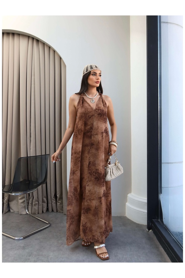 V-Neck Patterned Long Dress