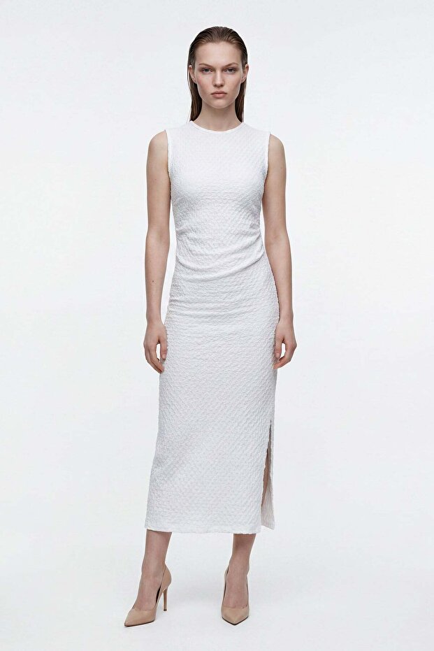 Waffle Fabric Side Slit Midi Dress