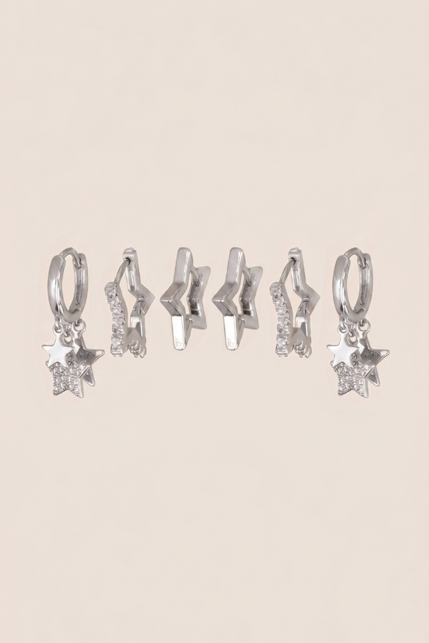 Silver Color Steel Zircon Stone Double Star Figured 6-Piece Hoop Earring Set