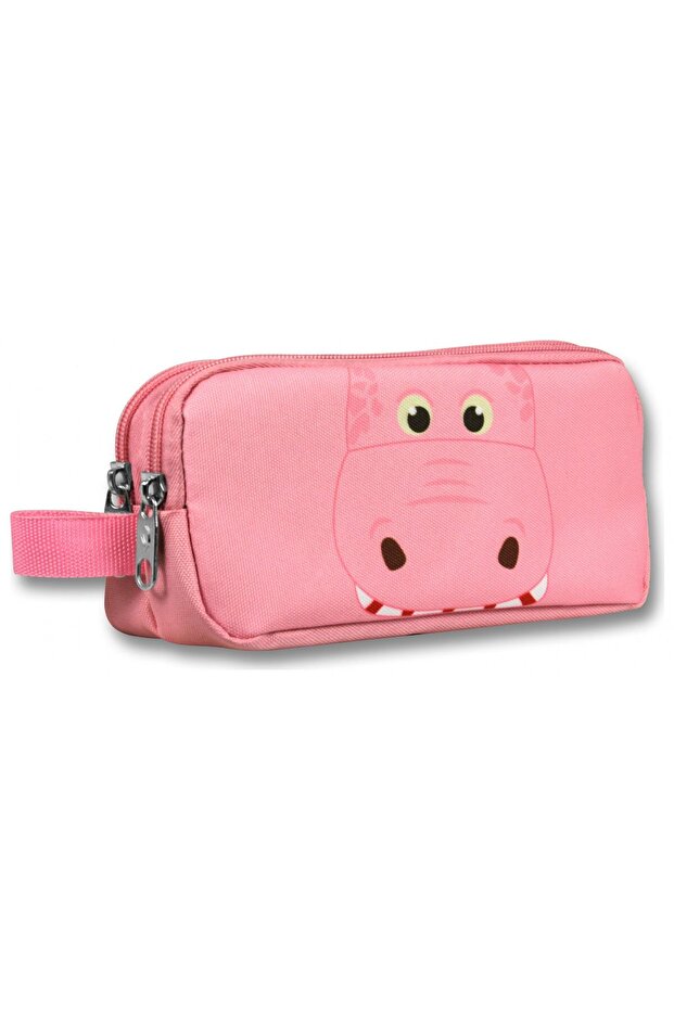 Pink Hippopotamus Shaped Pink Girl's Pencil Bag with Two Compartments - 6032