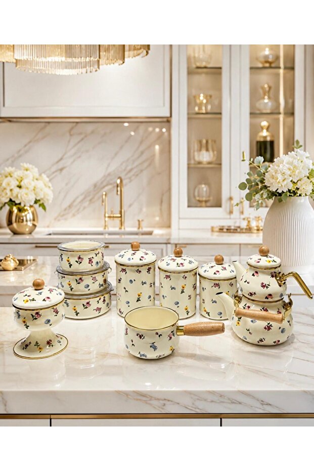 Acar Petit Series Gold Detailed Triple Jar Triple Storage Container Tea Pot Sugar Bowl and Sauce Pan Kitchen & Gift Set