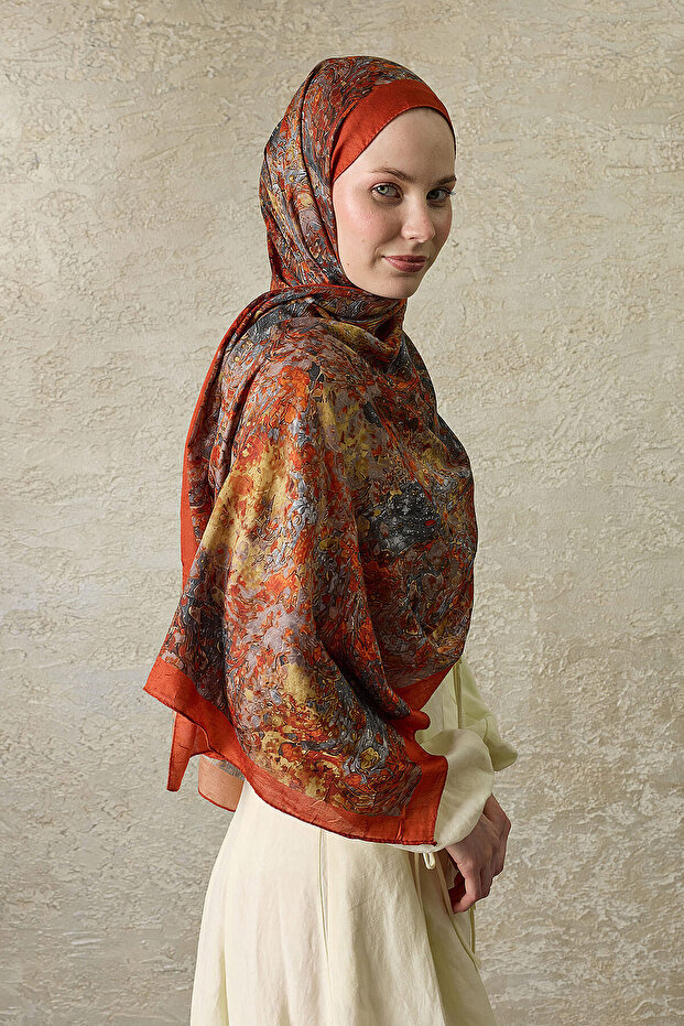 Orange Volcanic Elegance Patterned Shawl - 4
