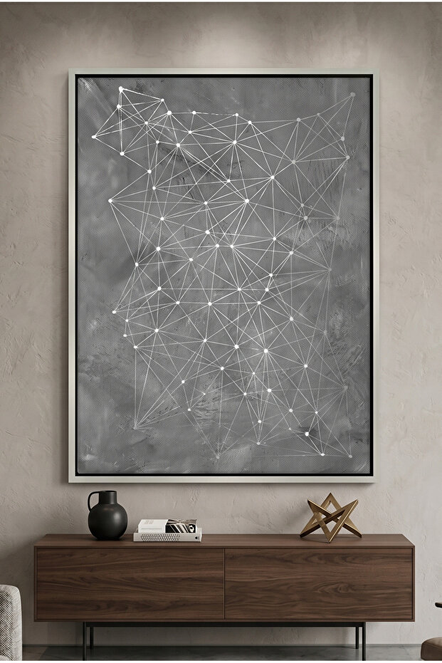 Abstract Geometric Network Islamic Wall Art | Framed Canvas Print with Silver Foil Embossed | Luxury Modern Decor for Living Room, Bedroom, Office & Gift