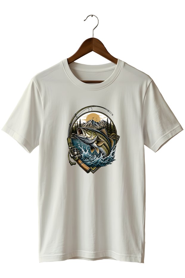 Fish Printed Unisex T-Shirt Fishing Outdoor Nature and Fishing Themed Crew Neck T-Shirt
