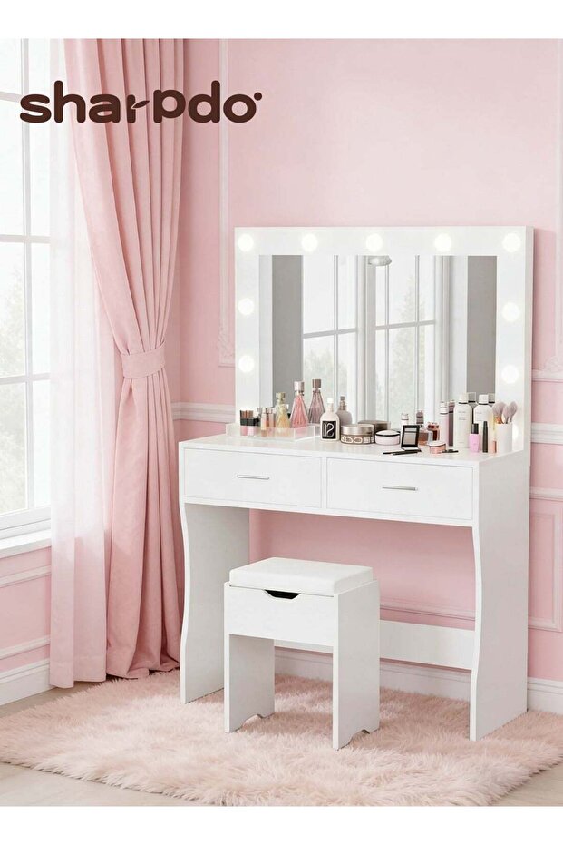 Bedroom Makeup Dressing Table with 3 Color Lighting Modes LED Mirror, Modern Vanity Desk (Stool Not Included)