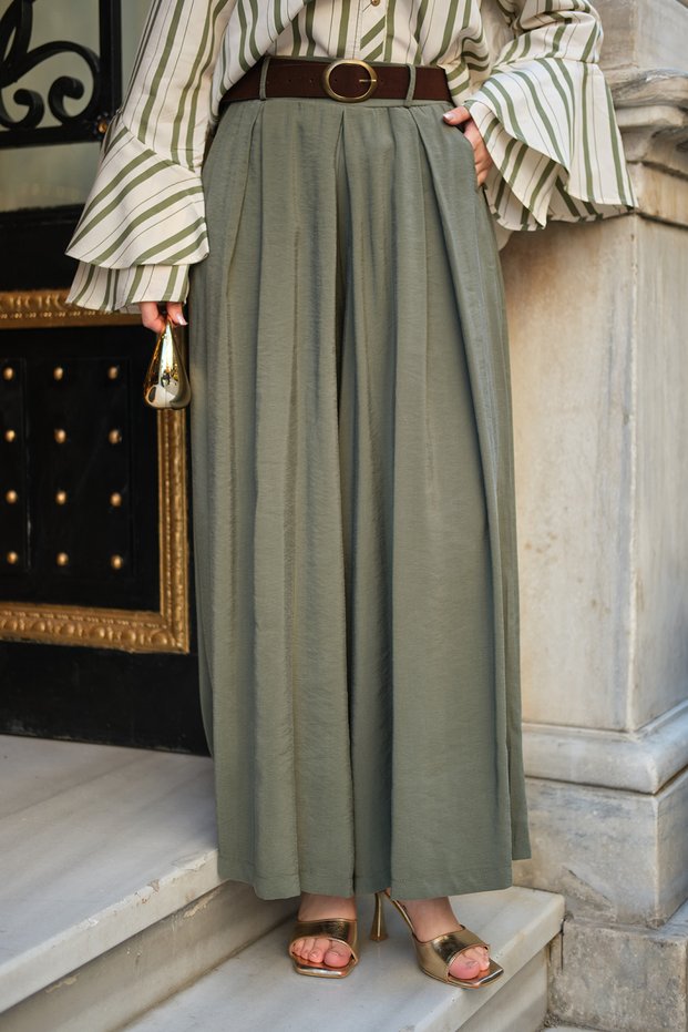 Women's Pleated Front Detail, Elastic Waist and Belted Loose Trousers Khaki Green