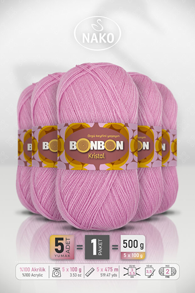 Crystal • Pink (98261) - 5-Pack X 100Gr/475M - Fine Yarn for Hand Knitting - Shawl Blouse Yarn